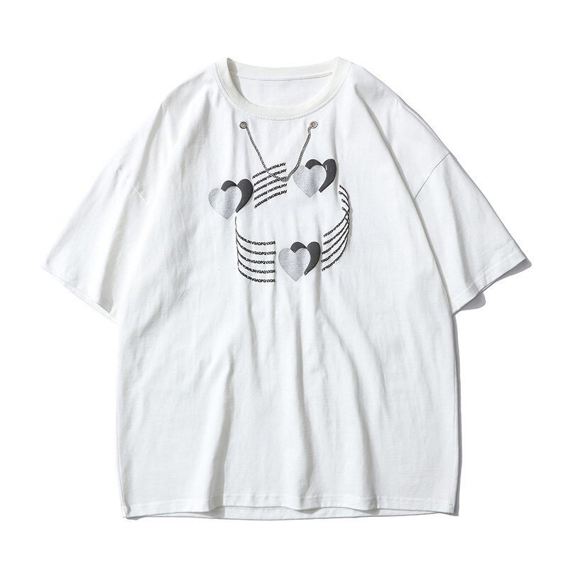 الأزواج الموضة الحب الجرافيك طباعة قمصان قصيرة الأكمام التي شيرت الصيف المعتاد فضفاضة اليابانية الشارع الشهير أسود أبيض Harajuku للجنسين