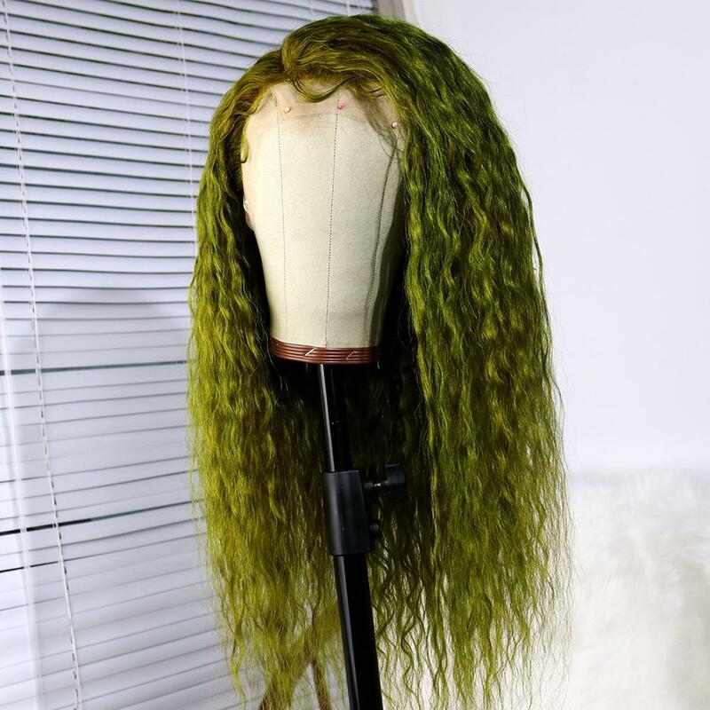 أخضر داكن عميق مجعد موجة البرازيلي شعر الإنسان الدانتيل شعر مستعار أمامي طويل عميق مجعد الباروكات للنساء 180 الكثافة