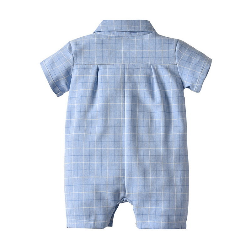 بذلة للأطفال الرضع لربيع وصيف 2022 بلون أزرق داكن وياقة ثابتة وأكمام قصيرة منقوشة ملابس رائعة للرجال E2152