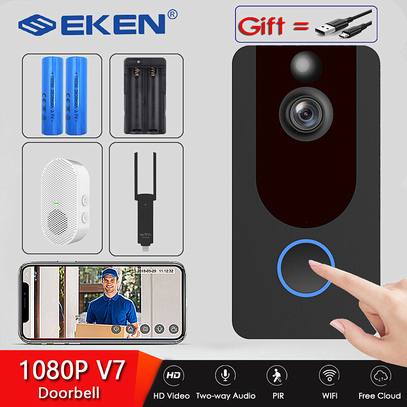 EKEN V7 HD 1080P الذكية جرس باب بالفيديو عبر شبكة واي فاي كاميرا البصرية الاتصال الداخلي للرؤية الليلية IP جرس الباب كاميرات أمنية لاسلكية