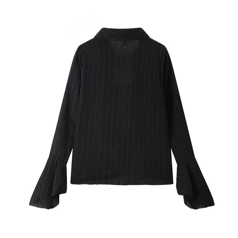 رقيقة أسود مخطط قميص المرأة ربيع الخريف جديد غير النظامية طول تصميم الشعور شخصية لوتس ليف الأكمام بلوزة الإناث