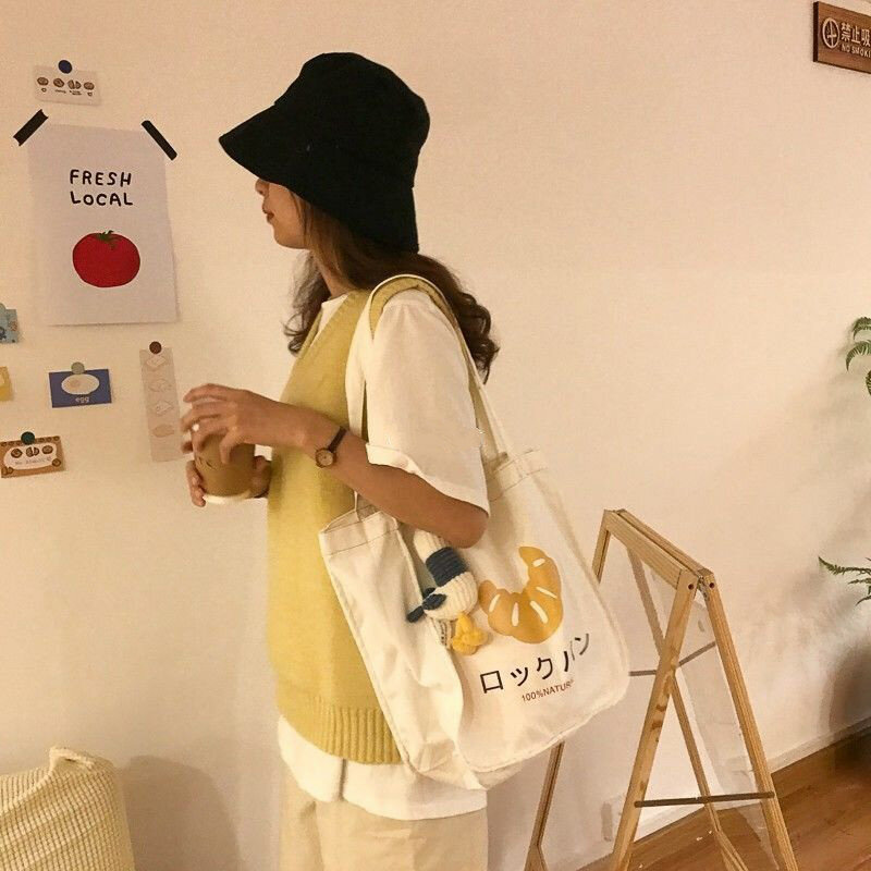 أكياس التسوق النساء الكرتون طباعة حقائب كتف إعادة تدوير صديقة للبيئة سعة كبيرة جميلة Harajuku طالب الرجعية Ins قابلة لإعادة الاستخدام