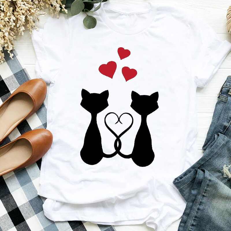 الكرتون القط قميص مطبوع سيدة علوي سلع جديدة 2022 لطيف الاتجاه موضة ملابس امرأة قمة الجرافيك الإناث تي شيرت المرأة تي شيرت