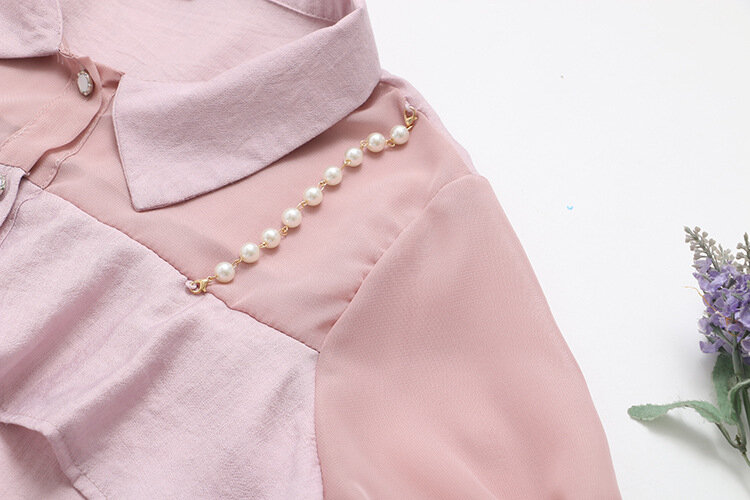 اللؤلؤ المرأة الشيفون قميص حجم كبير بلوزة الصيف عادية المرقعة الكشكشة قصيرة الأكمام قمصان الوردي الأبيض KKFY5603