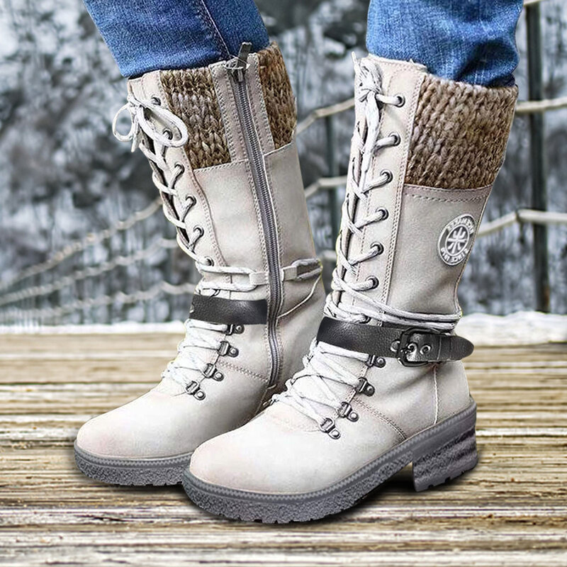 1 زوج من النساء منتصف الارتفاع الأحذية الجلدية الدافئة الشتاء الأحذية مع الجانب سستة مناسبة لفصل الشتاء الخريف و الربيع