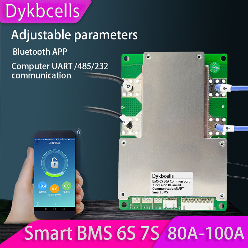Dykbcell الذكية BMS 7S 6S 24 فولت 100A 80A 18650 بطارية ليثيوم لوح حماية ث التوازن ليثيوم أيون يبو بلوتوث التطبيق العرض
