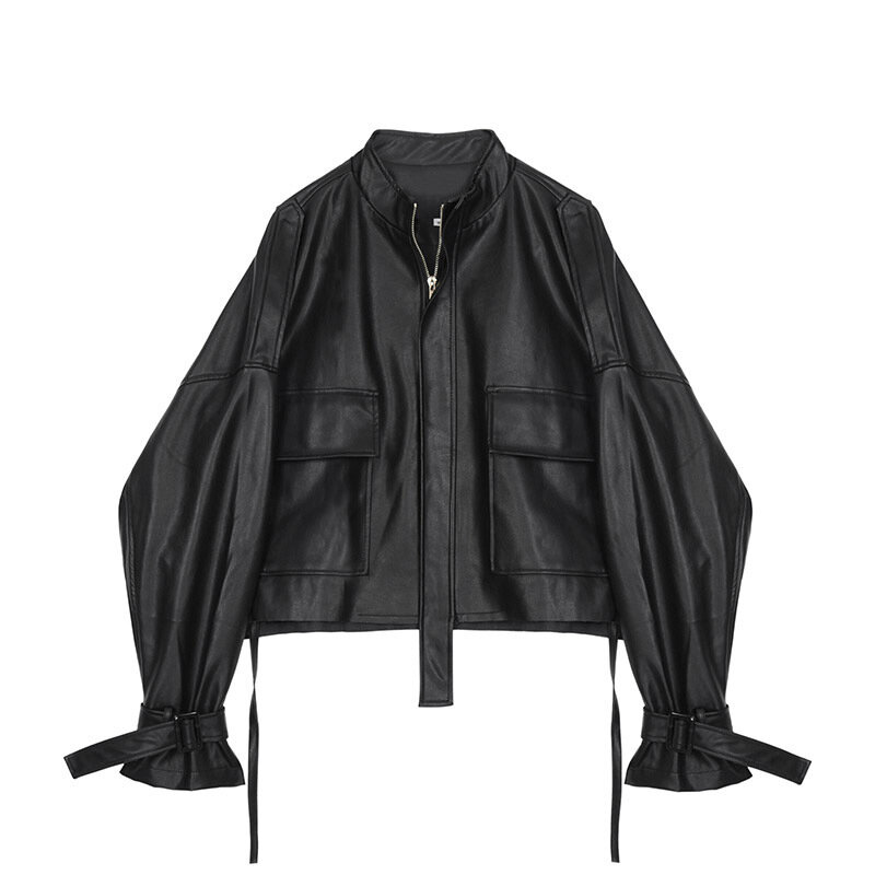 الكورية الأسود نسخة فضفاضة ضئيلة الوقوف طوق سترة جلدية المرأة قصيرة 2021 ربيع الموضة الجديدة الرباط حزام بولي Coat معطف