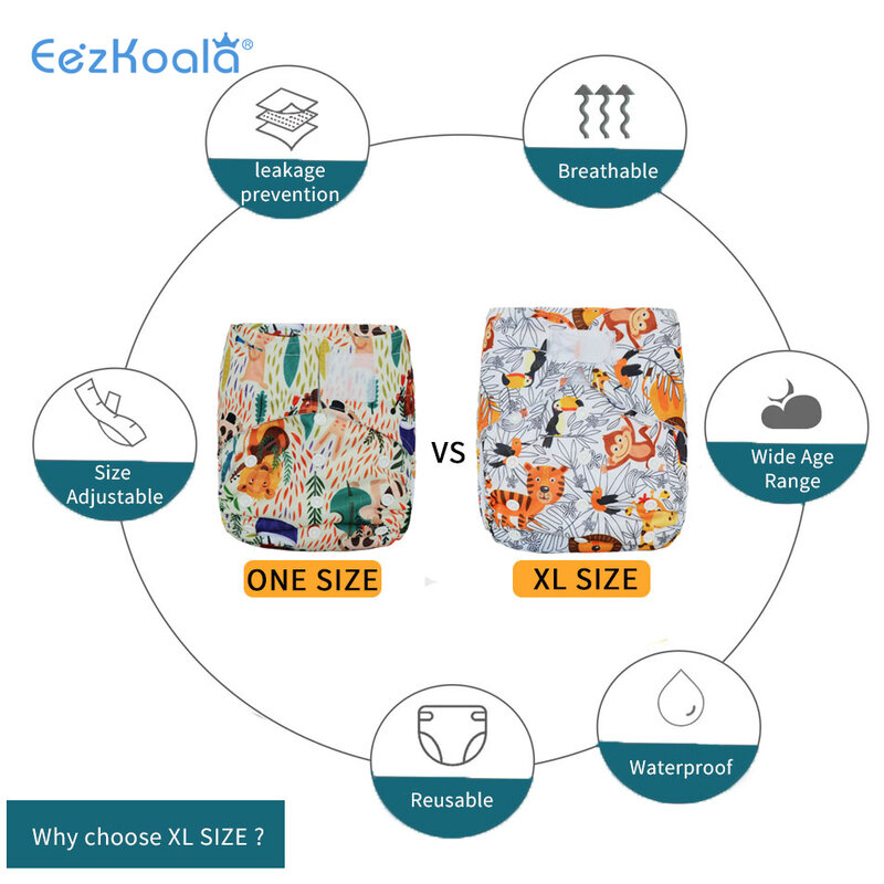 EezKoala صديقة للبيئة كبيرة الحجم XL القماش حفاضات قابل للغسل حفاضات قابل للتعديل قماش قابل لإعادة الاستخدام حفاضات غطاء صالح 2-5 سنوات طفل