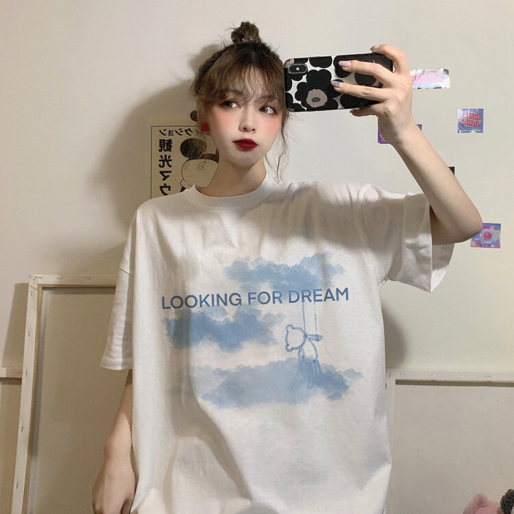 قميص أسود المرأة الصيف 2021 النسخة الكورية الجديدة من طالب فضفاض المعتاد قميص قصيرة الأكمام الملابس Kawaii Harajuku القمم
