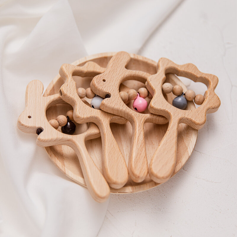 ليتس ميك خشخيشة حلقية للتسنين محمولة باليد للأطفال, مصنوعة من خشب الزان، لعبة مونتيسوري تعليمية، للنادي الرياضي