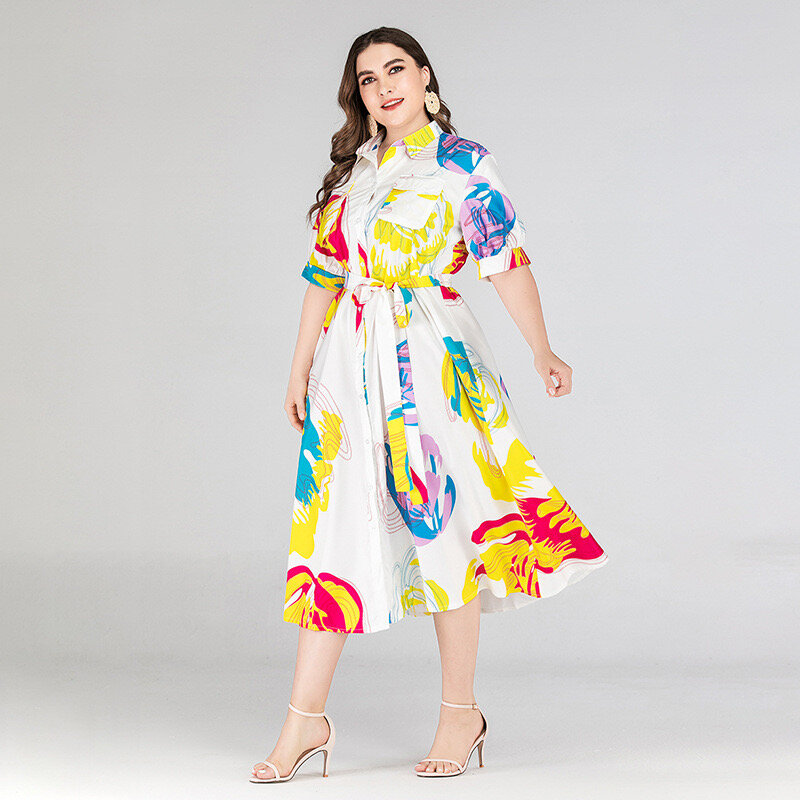 فستان صيفي جديد للسيدات بتصميم أوروبي وأمريكي مقاس كبير وخصر فضفاض وطباعة بسيطة تنورة نسائي WE110