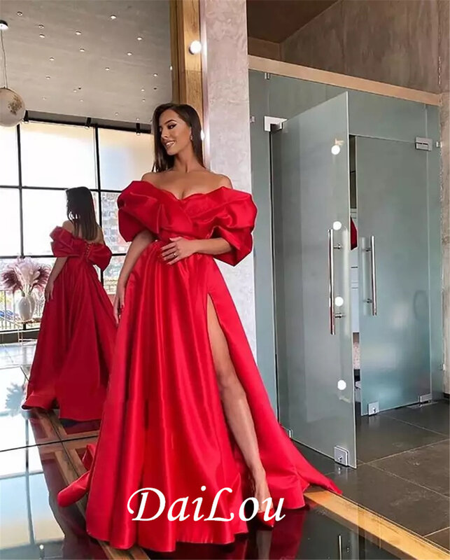 فستان سهرة طويل رائع من الساتان الأحمر للعروس بأكمام خارج الكتف فساتين حفلات مثيرة مع فتحة جانبية 2021