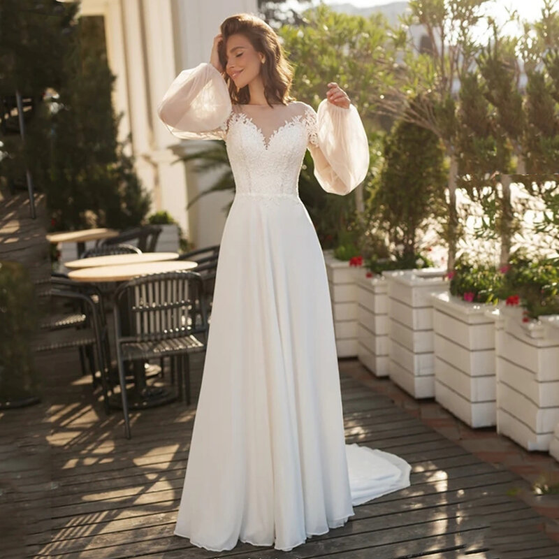 فستان زفاف الأميرة للعروس أبيض عاجي نفخة الأكمام مغرفة الرقبة يزين الشيفون خط زي العرائس