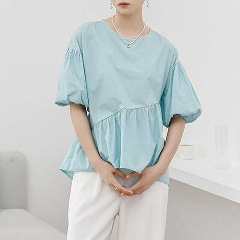 صيف 2021 الكورية أزياء المرأة بلون البساطة طيات جديدة مستديرة الرقبة فانوس كم بلوزة النمط الياباني