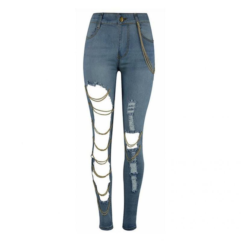 سراويل جينز أنيقة منتصف الارتفاع ملابس الشارع مبالغ فيها ممزق ثقوب نحيل الجينز السراويل السراويل النساء الجينز #4