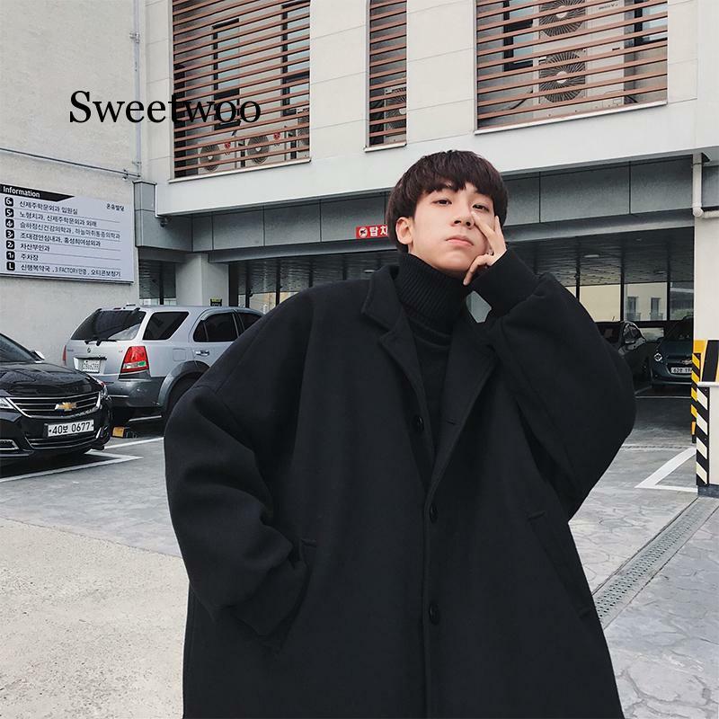 جديد الكورية الشتاء رجل الأزياء المد بدوره أسفل طوق الخفافيش كم فضفاض عارضة أسود/الكاكي اللون الصوف يمزج معطف معطف S-3XL