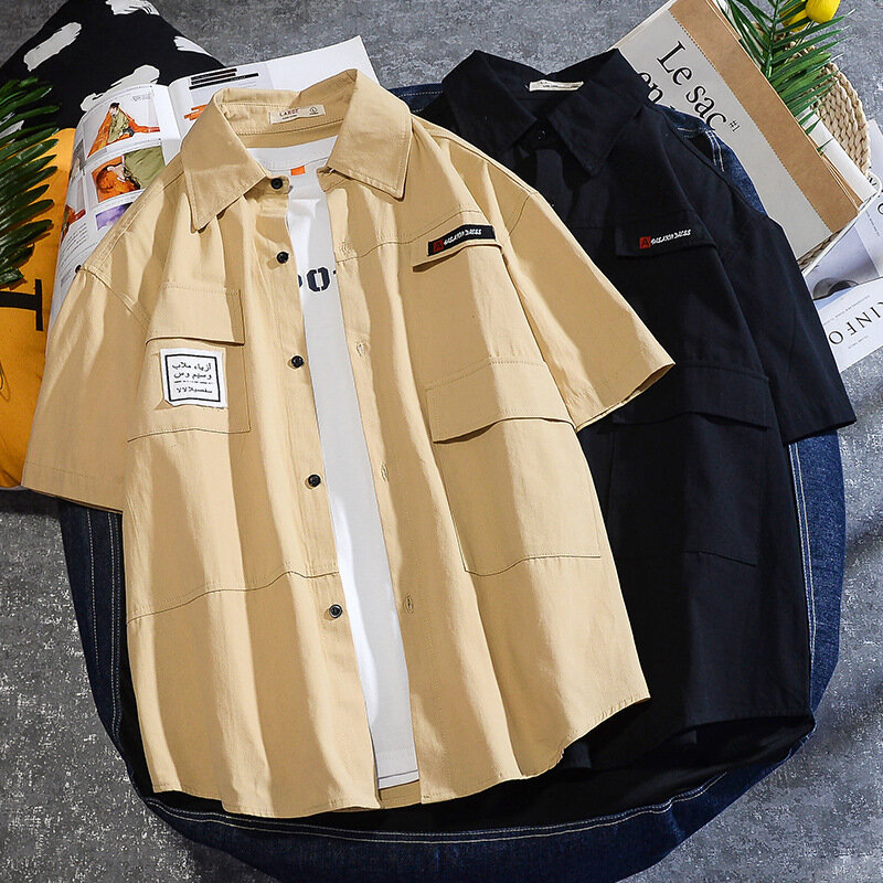 اليابانية الأدوات قصيرة الأكمام قميص الرجال 2021 الربيع و الصيف جديد الكاكي خمس نقاط كم قميص رقيقة سترة الرجال