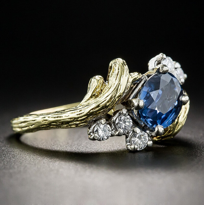 الأوروبية والأمريكية الموضة تقليد فرع شجرة الكرمة خاتم الماس الإبداعية الرجعية لونين الكهربائي خاتم من الياقوت الأزرق