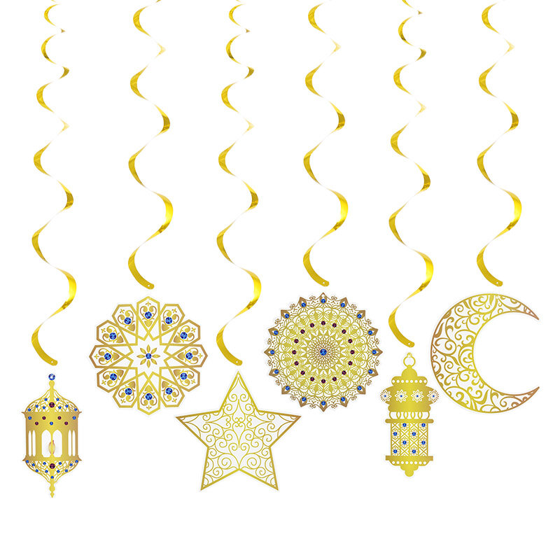 عيد مبارك راية ديكور الذهب ستار قلادة على شكل قمر دوامة جارلاند الرايات الإسلامية مسلم الحج كريم حفلة ديكور ذاتي الصنع مهرجان هدية