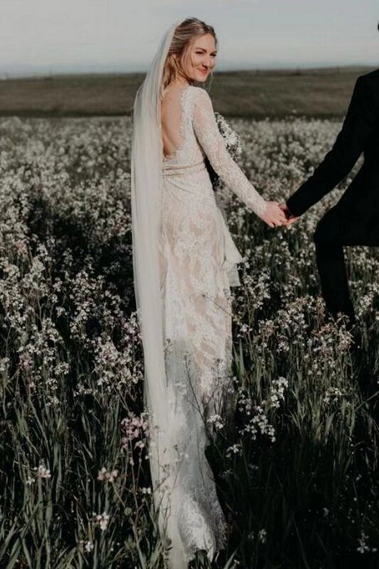 رقبة دائرية كم طويل دانتيل شفاف بدون ظهر فستان زفاف غمد فستان زفاف العروس Vestidos De Novia