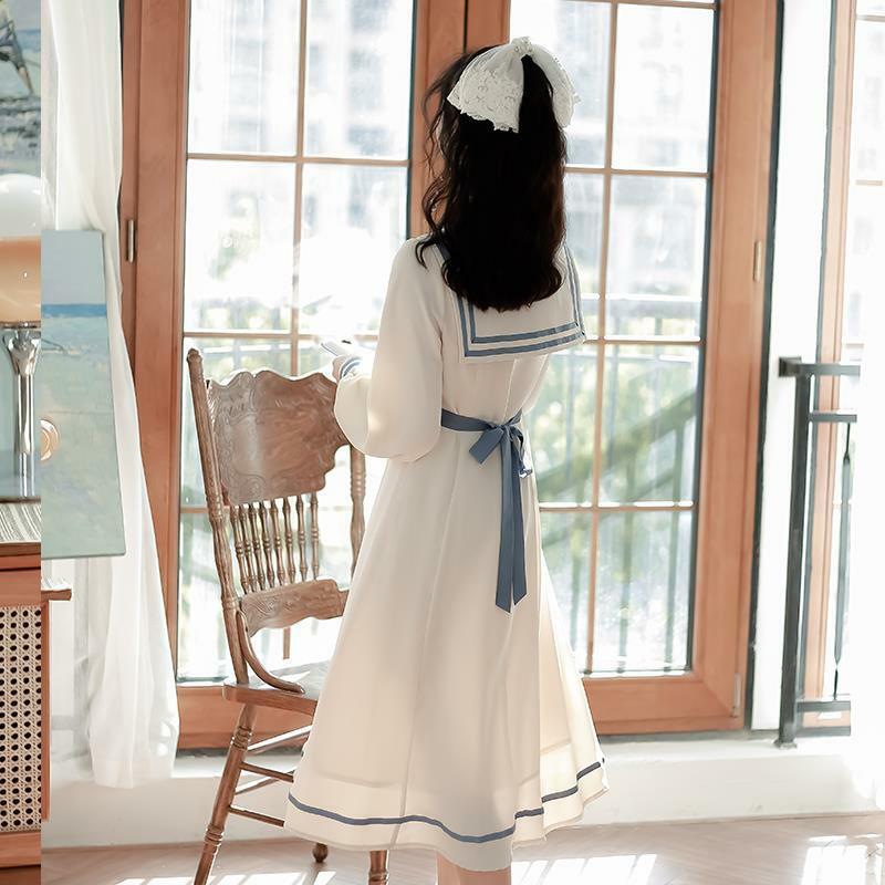 QWEEK كلية بحار طوق فستان أبيض امرأة اليابانية Harajuku Kawaii طويلة الأكمام ميدي فستان زي مدرسي ربيع الخريف 2021 #2