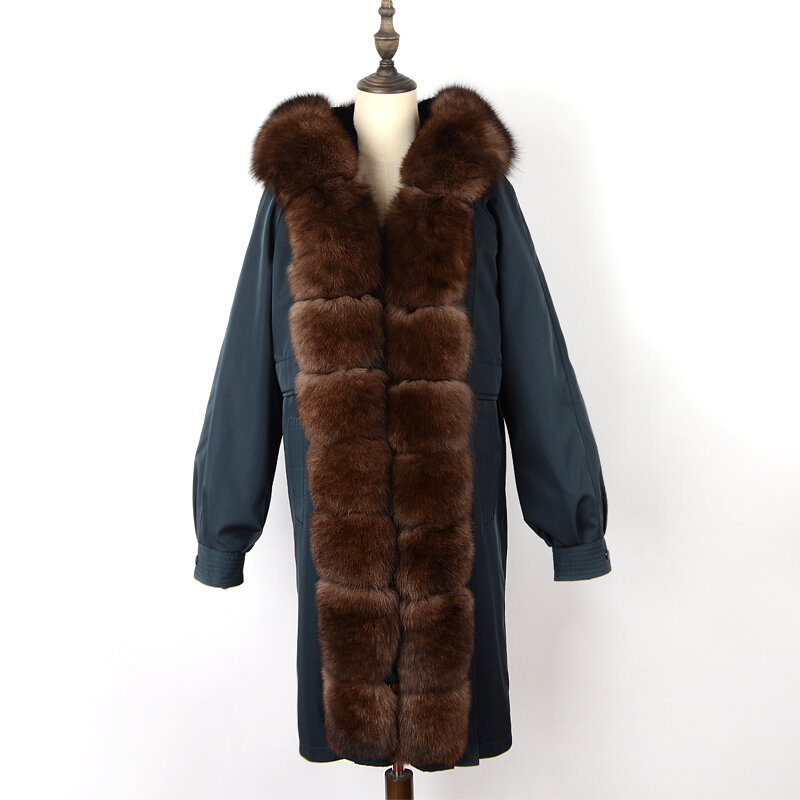 الشتاء المرأة سترة ريال فوكس معطف الفرو مع غطاء محرك السيارة الأرنب الفراء بطانة طويلة نسيج عالي الجودة