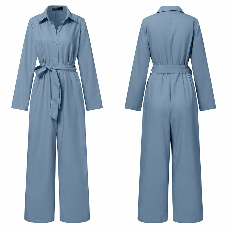 أزياء حريمي غير رسمية من قماش الدنيم الأزرق بدلة قفز نسائية للخريف 2021 من ZANZEA بدلة طويلة الأكمام بحزام بدلة رومبير كبيرة الحجم بتصميم عتيق