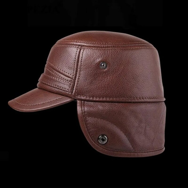 قبعات منفوخة من الجلد الأصلي قبعة بها رفرف للأذن للرجال لون أسود دافئ قبعة من فرو Ushanka قبعات بيسبول شتوية للرجال سميكة عتيقة 2021