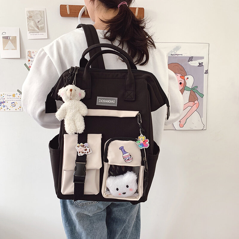 Kawaii Nylon Waterproof Women Backpack College Style Pure Color Schoolbag For Teenage Girls Cute Casual Travel Backpack Bookbag