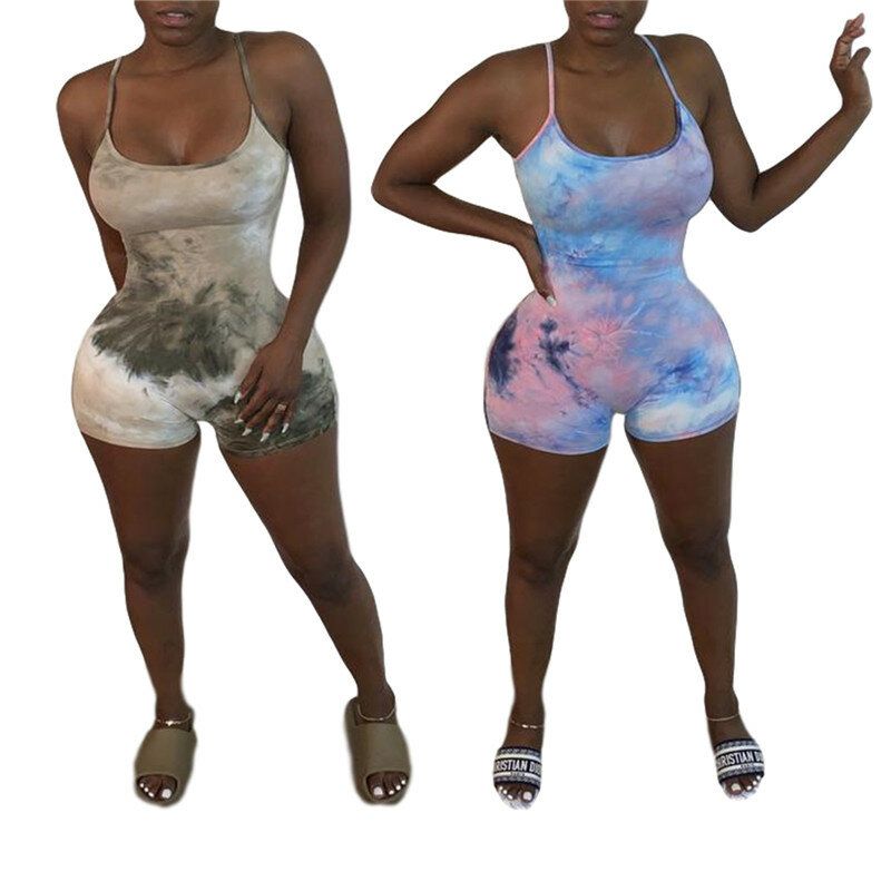 امرأة نحيل السباغيتي حزام أكمام السروال القصير 2020 Bodycon التعادل صبغ حللا الجسم فام زائد حجم S-2XL