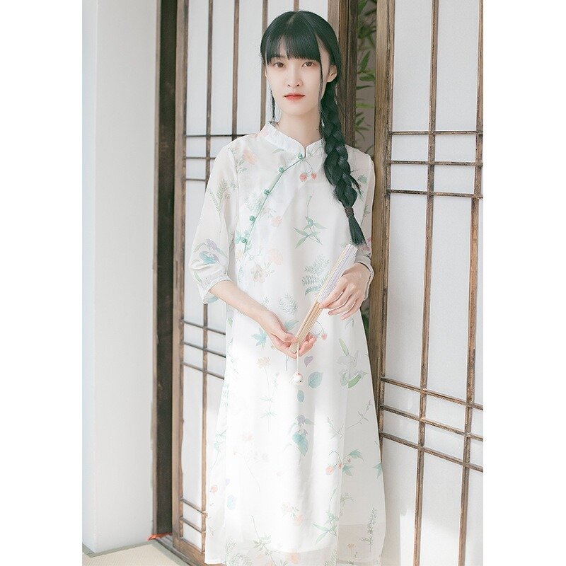 ملابس نسائية أصلية متوسطة الطول مطبوعة للخريف والشتاء ، نمط صيني محسّن ، ملابس يومية للنساء