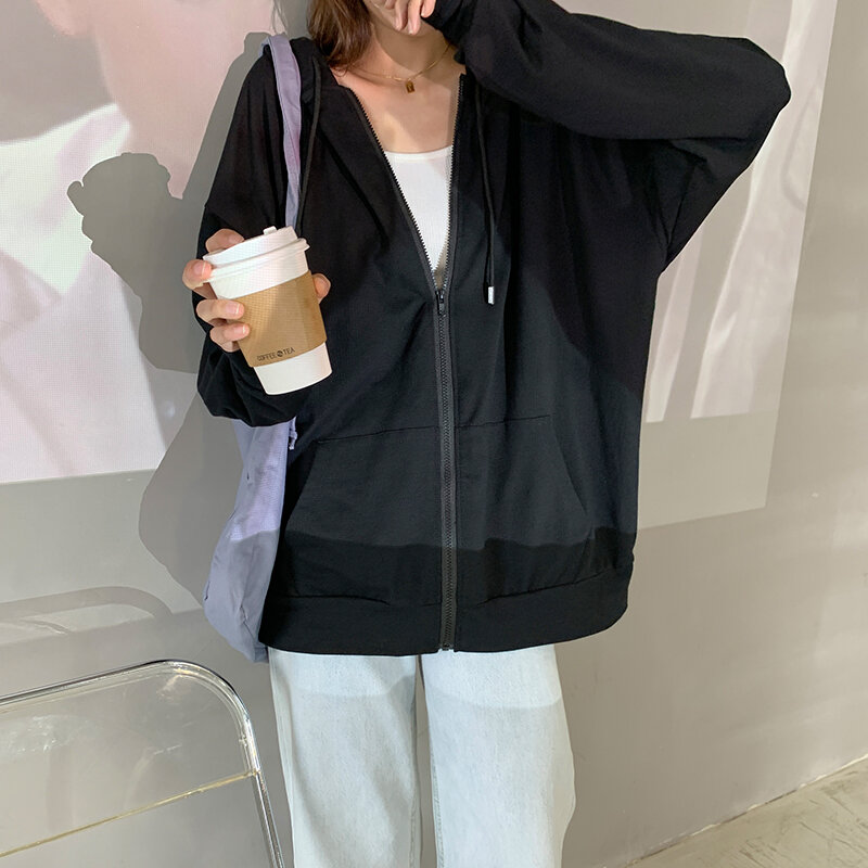 Harajuku النسخة الكورية فضفاضة رقيقة طويلة الأكمام مقنعين معطف الحماية من الشمس بلون الرجعية قميص طالب فتاة