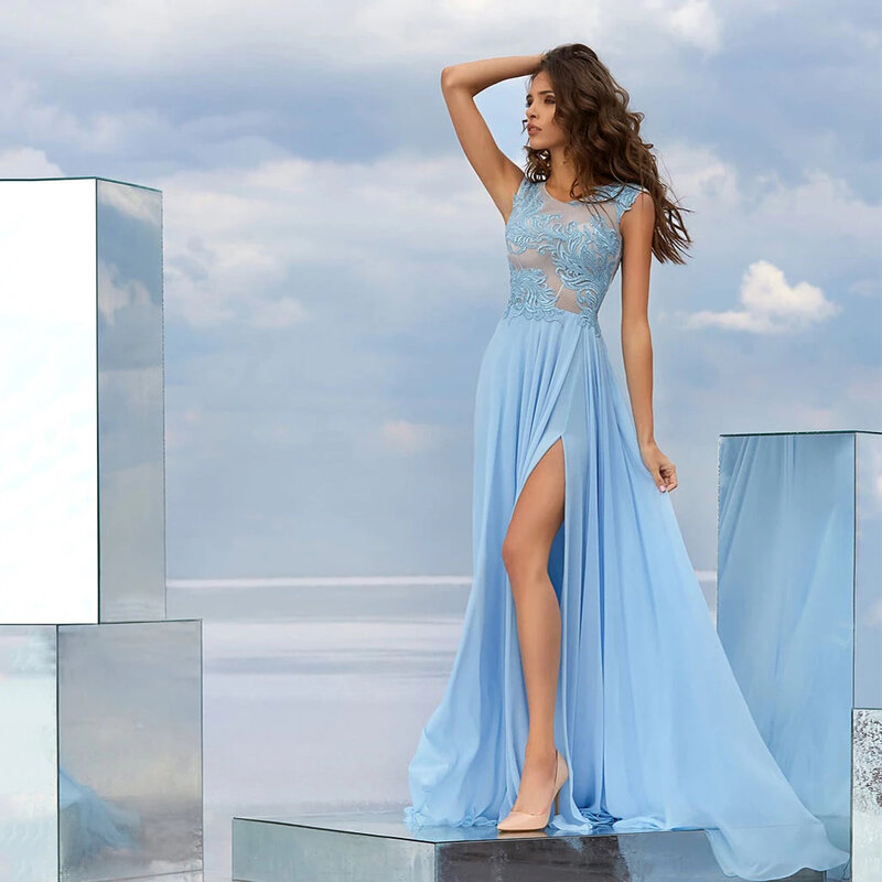 فساتين سهرة رسمية باللون الأزرق السماوي الفاتح 2021 فتحة جانبية عالية بدون أكمام مزينة بخط A للحفلات الراقصة Vestidos De Fiesta