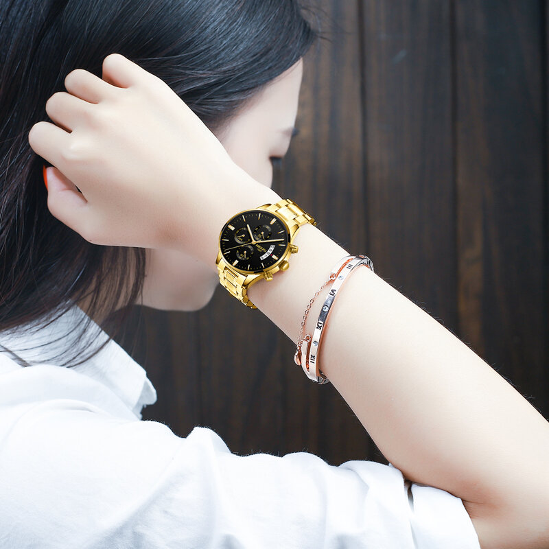 NIBOSI ساعات النساء العلامة التجارية الفاخرة الفولاذ المقاوم للصدأ حزام ساعة اليد للنساء على مدار الساعة موضة كرونوغراف كوارتز السيدات ساعة