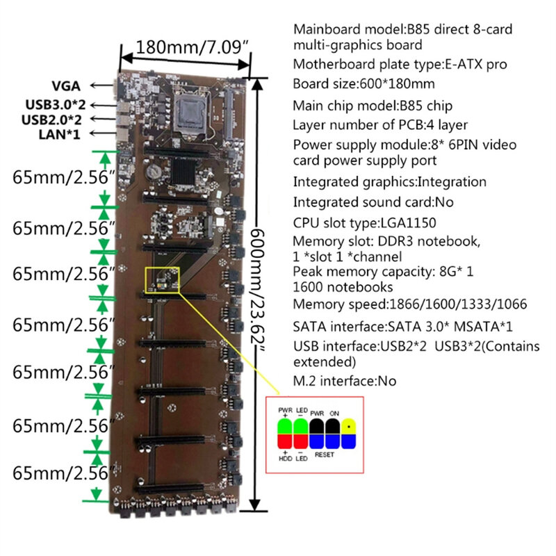 B85 التعدين اللوحة 8 PCIE X16 PCI-E 16X LGA 1150 8G DDR3 SATA3.0 USB3.0 ل Bitcoin BTC ETH GPU بطاقة جرافيكس التعدين التعدين