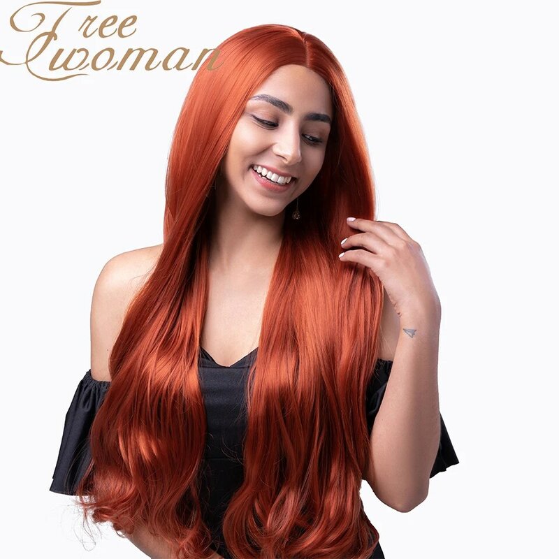 FREEWOMAN طويل مموج شعر مستعار اصطناعي 24in الأحمر الجزء الأوسط مع الشعر الطبيعي المرأة الباروكات شعر مستعار من ألياف مقاومة للحرارة