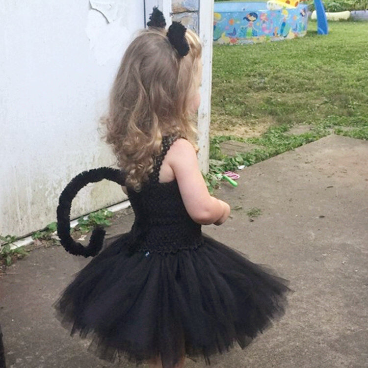 هالوين الأطفال الفتيات ازياء اللعب الأسود القط توتو فستان عقال التعادل الذيل البرازيلي فستان
