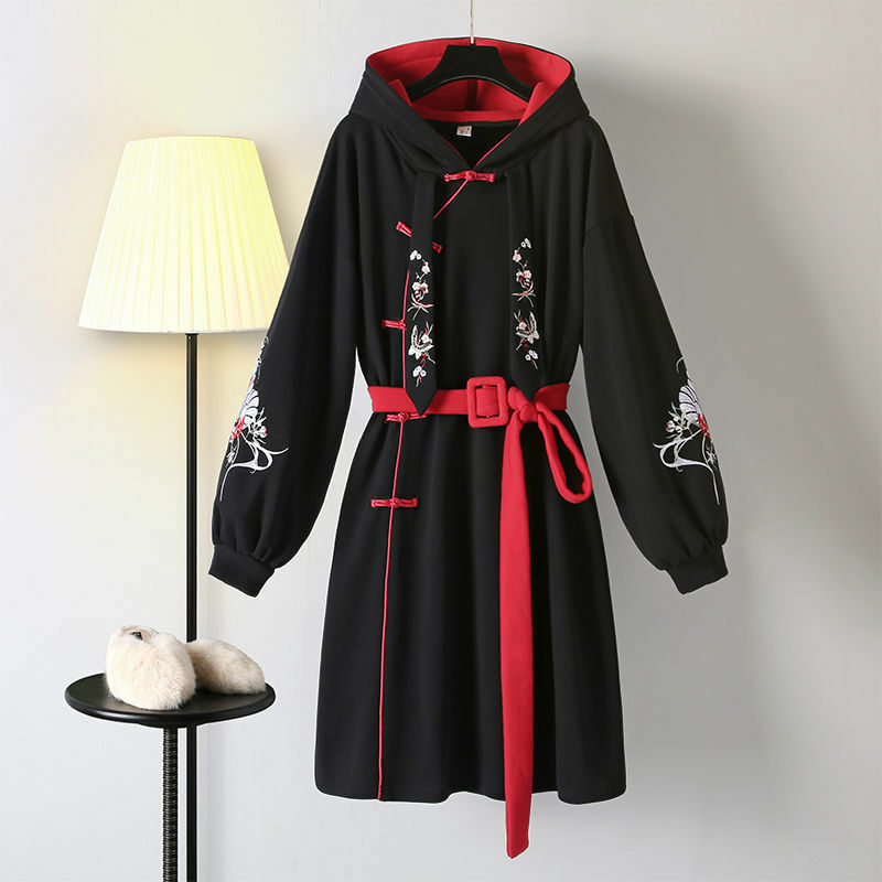 المرأة فستان جديد حجم كبير الربيع التطريز الرجعية هوديس النمط الصيني ضئيلة البلوز المرأة هوديي Vestidos Harajuku معطف