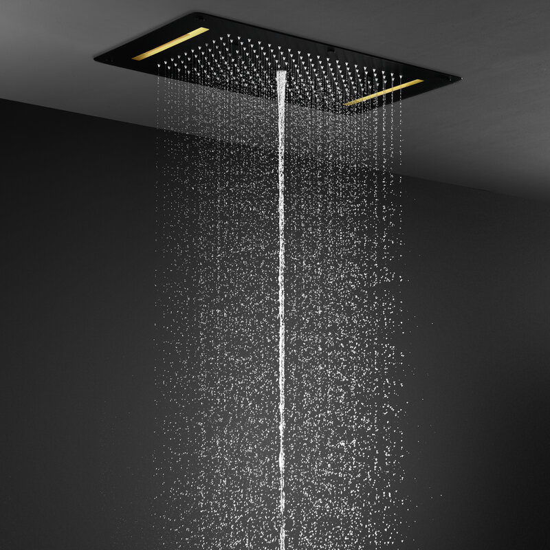 أدوات دش أسود فاخر 5 وظائف سقف LED دش المطر شلال رذاذ رذاذ حمام ثرموستاتي خلاط الحنفيات