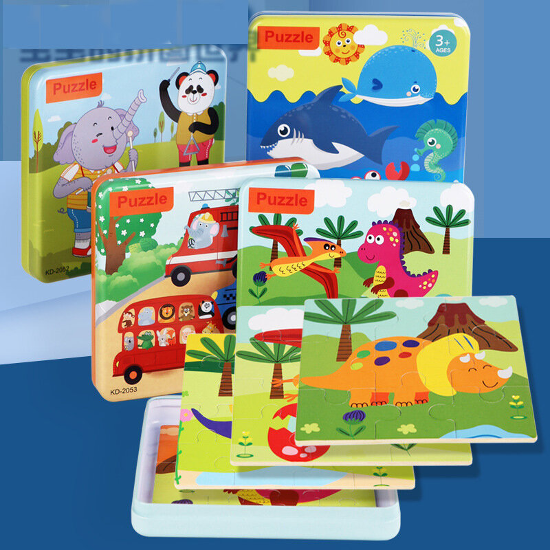 أحجية الصور المقطوعة بصندوق حديد خشبي ، لعبة ألغاز حديثة ، 4 في 1 لتعليم الطفولة المبكرة