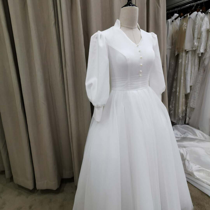 طول الكاحل تول كم طويل فستان الزفاف مخصص الملكة آنا الرقبة أزرار الساتان خمر كلاسيكي بسيط فستان زفاف رخيصة