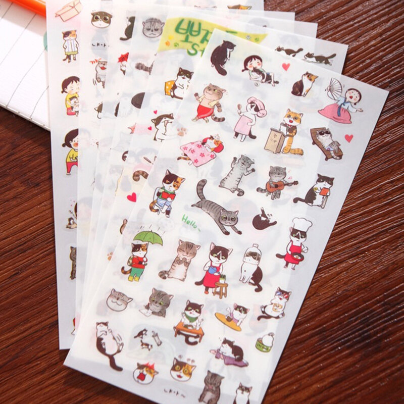 6 ورقات من الملصقات البلاستيكية اللطيفة على شكل قطة كرتونية ، ألبومات اليوميات ذاتية الصنع ، ملصقات الديكور ، ملصقات ثابتة