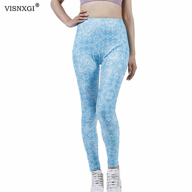 VISNXGI طماق الرياضة اللياقة البدنية المرأة مثير رفع السراويل ملابس الشارع الشهير عالية الخصر الضوء الأزرق هندسية زهرة طول الكاحل