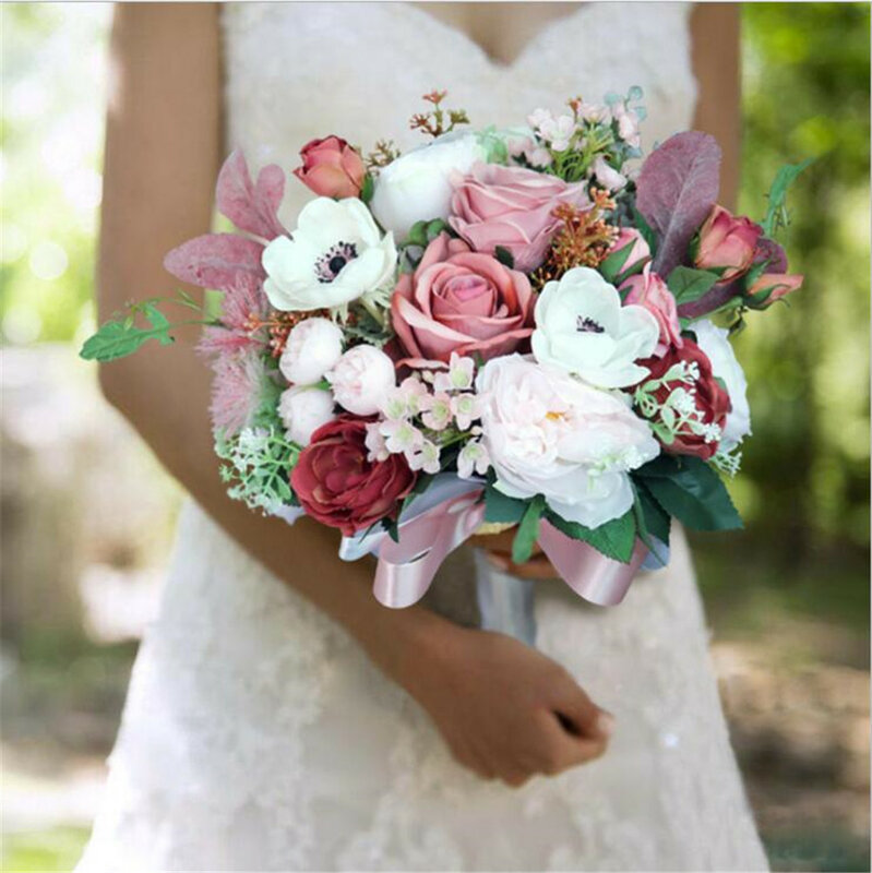 باقات الزفاف الوردية الفاوانيا الرومانسية ، خمر ، الفاوانيا ، الحرير ، العرائس ، الزهور