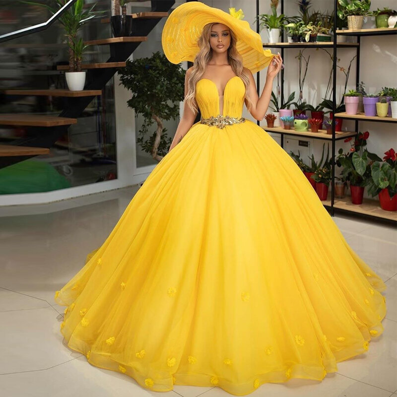 تنورة منتفخة صفراء زاهية ، فستان سهرة ، مناسبات خاصة ، مع حزام كريستال ، تول ، زهور ثلاثية الأبعاد