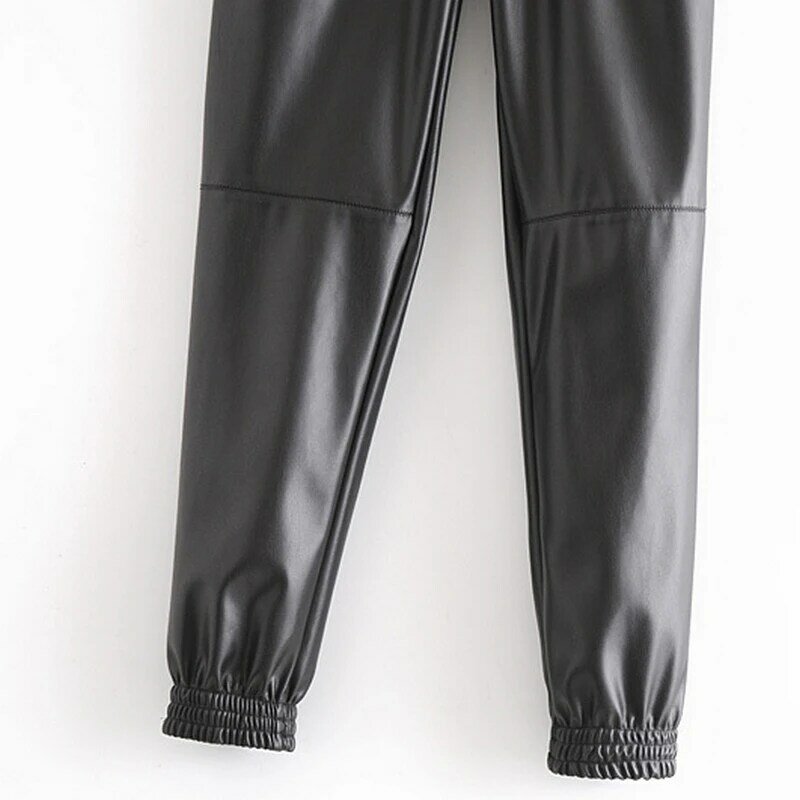 Wixra-بنطلون جلد صناعي مع جيوب للنساء ، موضة جديدة ، حزام مطاطي برباط ، الكاحل ، الخريف