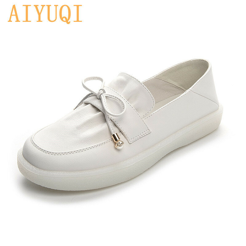 AIYUQI أحذية مفلكنة النساء حجم كبير 41 42 ربيع جديد 2022 Bowknot حقيقية أحذية أطفال مع نعل مرن من الجلد أحذية لوفر السيدات أحذية تمريض