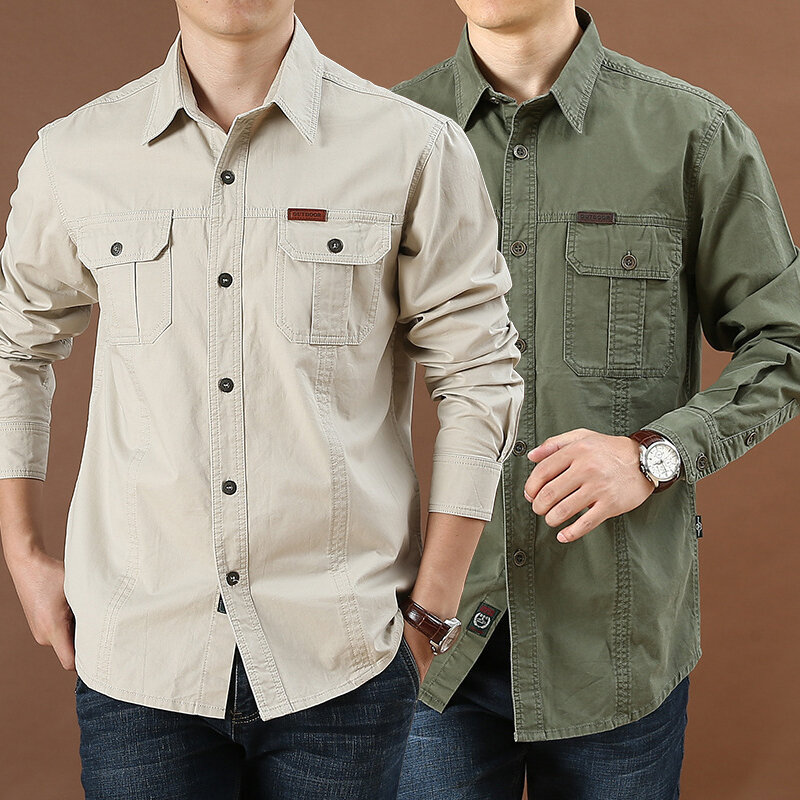 الرجال عادية فضفاضة كبيرة جيب القمصان العسكرية الصلبة موضة الاجتماعية قميص رسمي للأعمال الرجال الربيع الخريف الرجال قميص طويل الأكمام