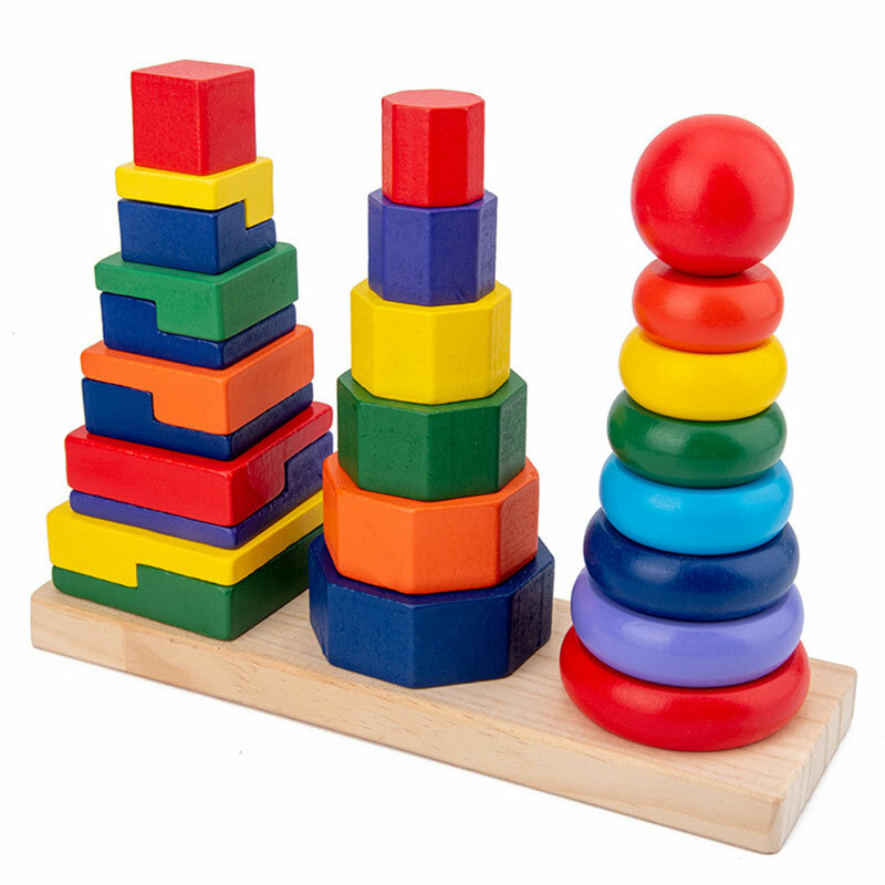 برج قوس قزح برج هندسي ألعاب تعليمية Jenga التراص لعبة هندسية قوس قزح العمود ألعاب خشبية للأطفال