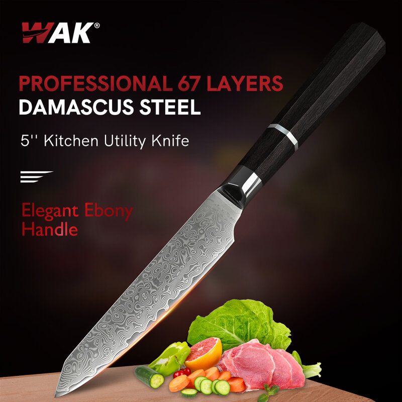 WAK 5 ''دمشق ستيل سكّين متعدّد الاستخدامات سكين مطبخ صغير 24.5 سنتيمتر دمشق ستيل مطبخ سكّين متعدّد الاستخدامات المثمن الأبنوس مقبض السكاكين